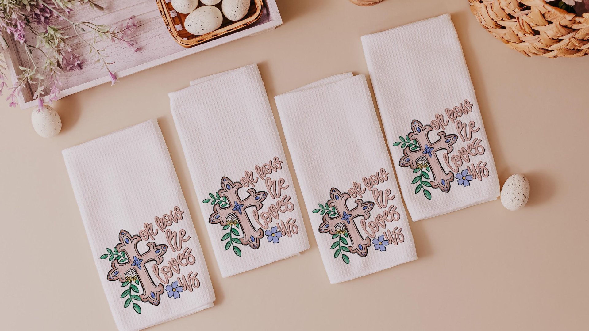 oh how he loves us Christian kitchen towels wedding gifts for godchild, faith gift for her, floral hand towels for bathroom, prayer warrior