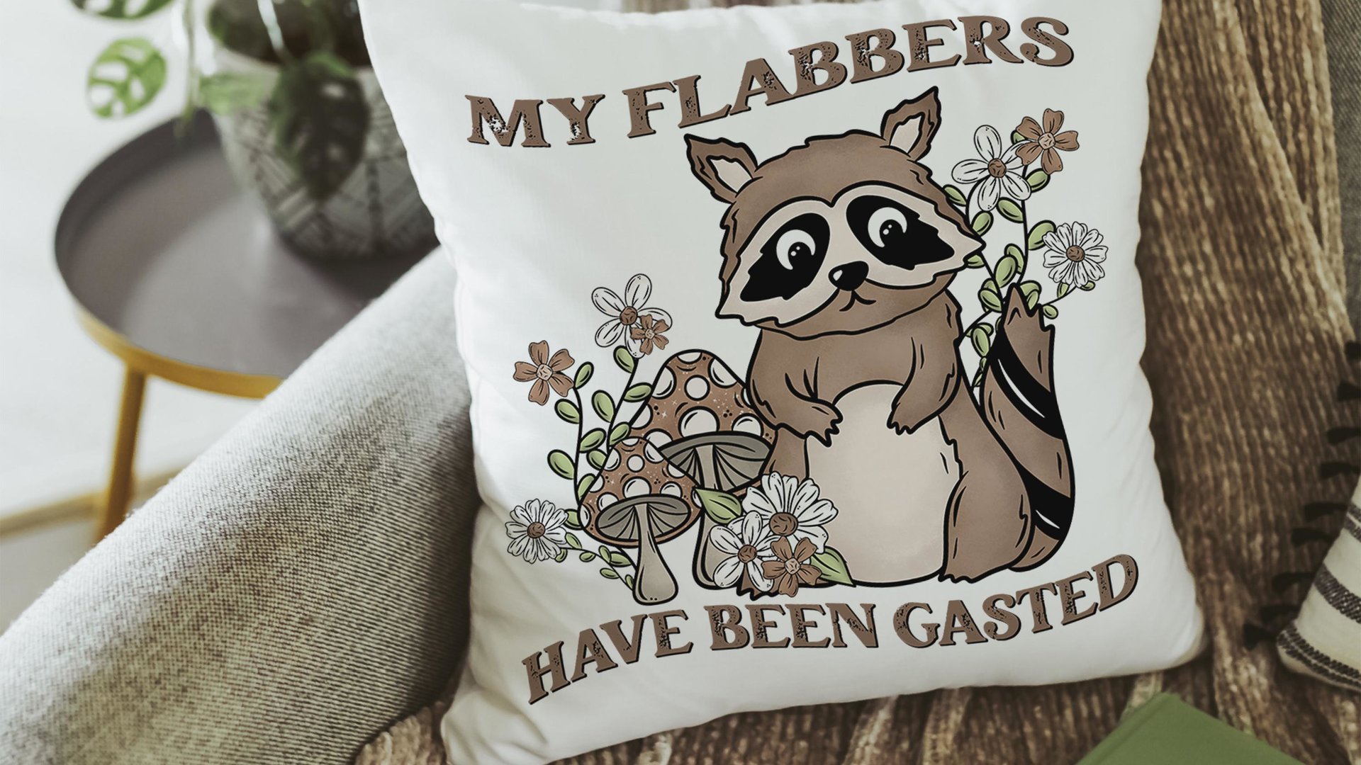 my flabbers have been gasted funny throw pillows for couch, cute but feral raccoon gift for women, college dorm decor for girls, snarky