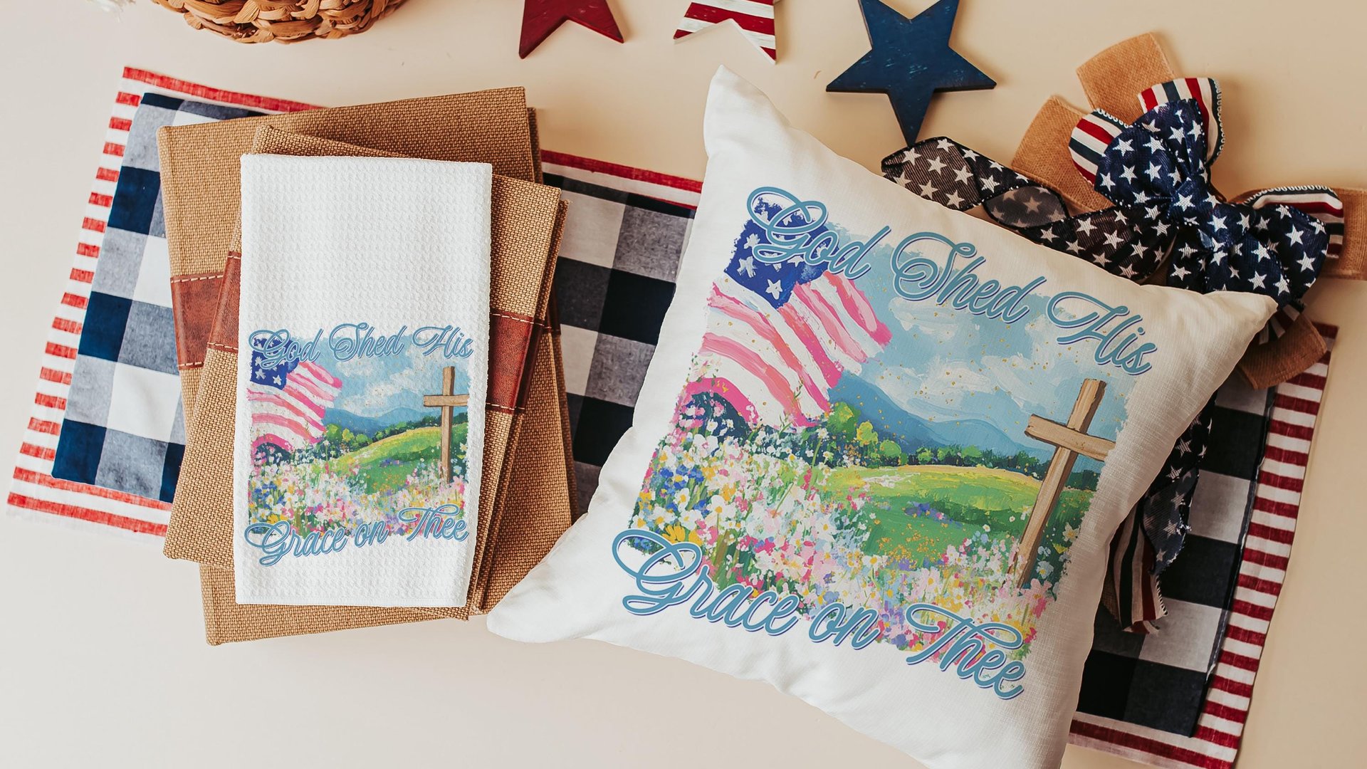 God shed His grace on thee throw pillows for porch swing, Christian 4th of July kitchen towels, America the Beautiful patriotic gifts for