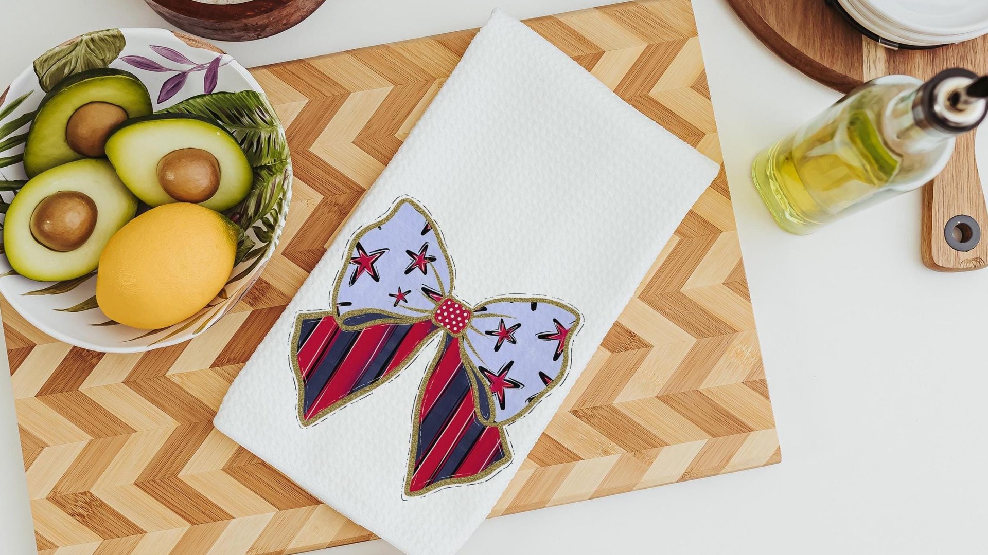 stars and stripes coquette kitchen towel for mom, God bless America 4th of July throw pillows for porch swing, patriotic gifts for women