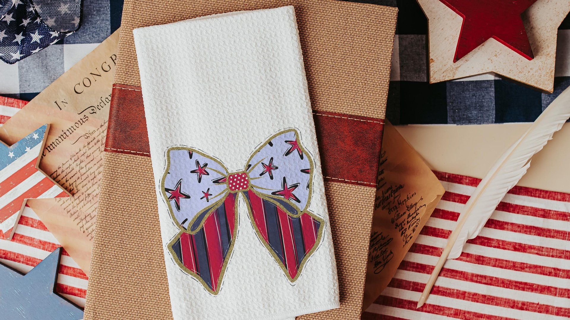 stars and stripes coquette kitchen towel for mom, God bless America 4th of July throw pillows for porch swing, patriotic gifts for women