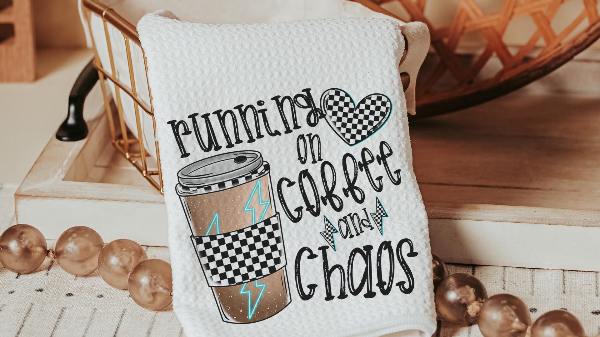 running on coffee and chaos funny kitchen towels for women, coffee lover gift for girlfriend, coffee bar accessories, coffee kitchen decor