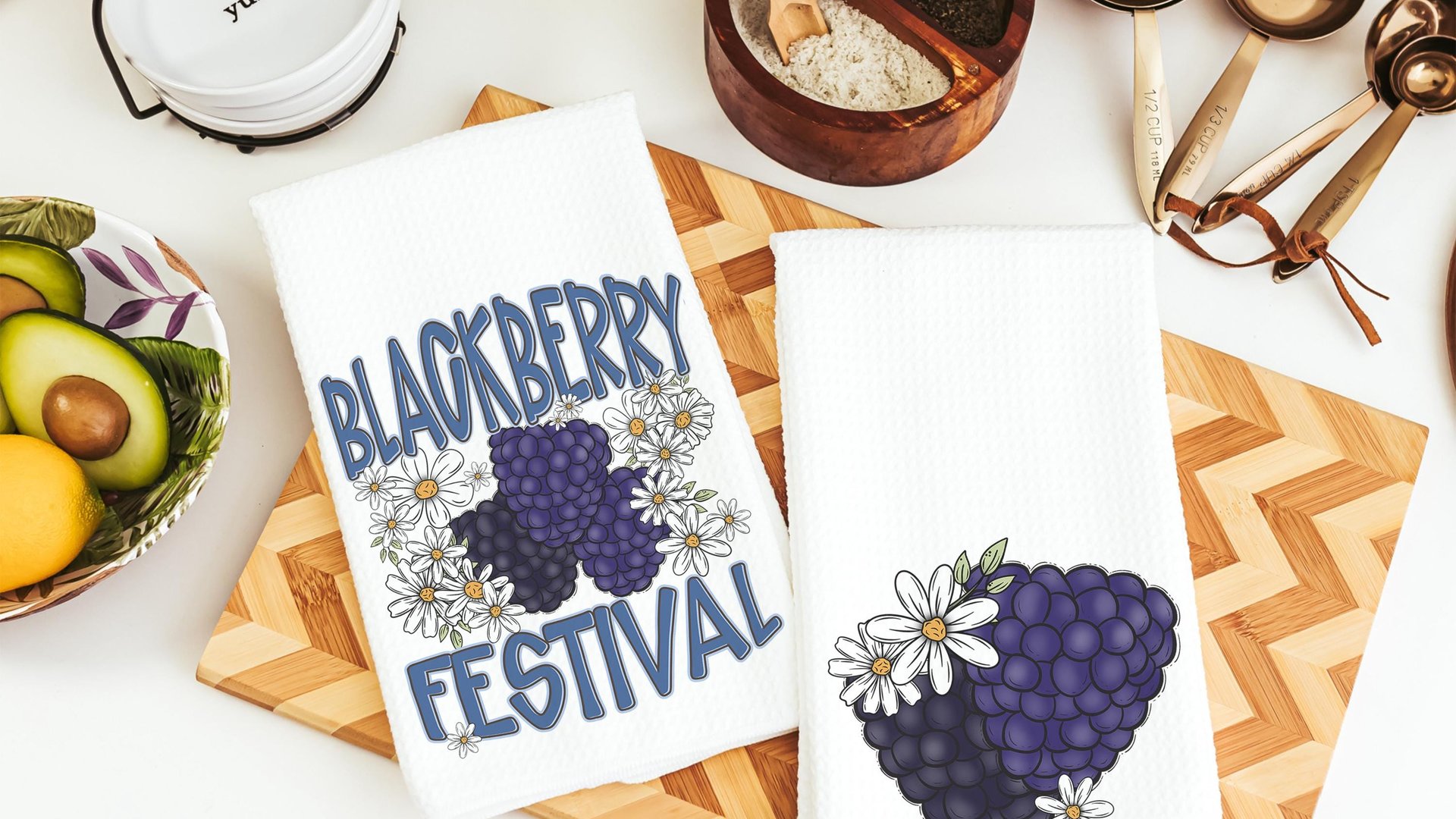blackberry festival kitchen towels, fruit kitchen decor, blackberry gifts, summer kitchen accessories, cute hand towels bathroom set, powder