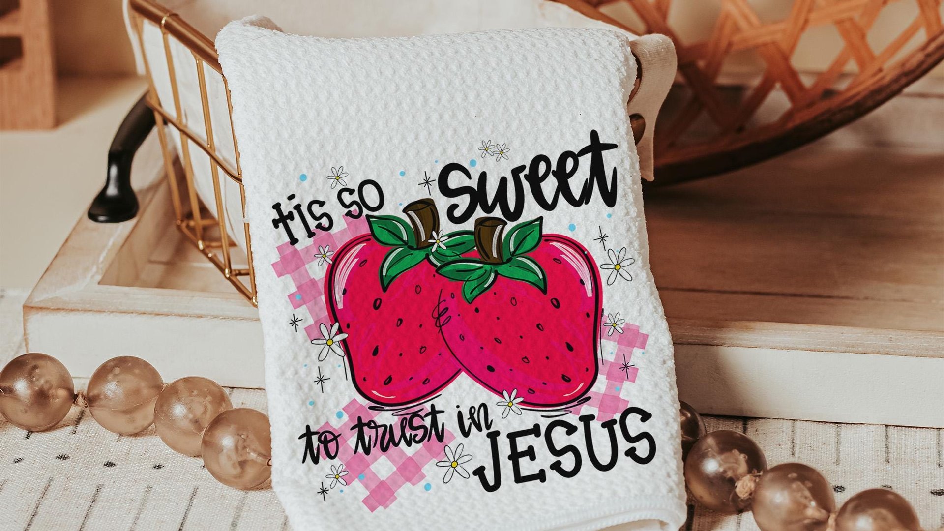tis so sweet to trust in Jesus hand towels for kitchen Christian gifts for best friend, strawberry kitchen decor, faith gifts for her, cute