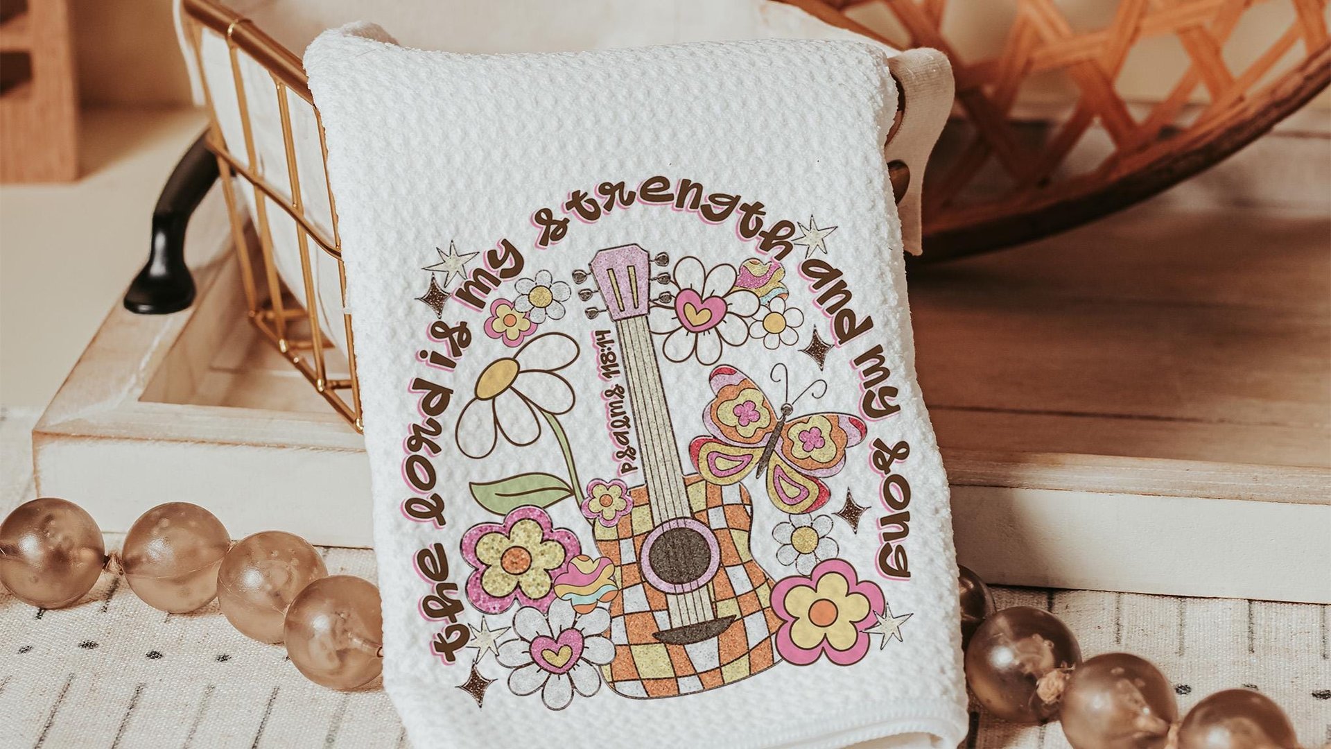 the Lord is my strength scripture kitchen towels, Christian kitchen decor, Psalm 118:14 Bible verse gifts for girlfriend, butterfly gifts