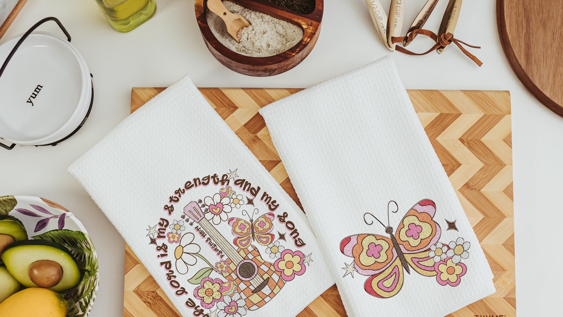 the Lord is my strength scripture kitchen towels, Christian kitchen decor, Psalm 118:14 Bible verse gifts for girlfriend, butterfly gifts