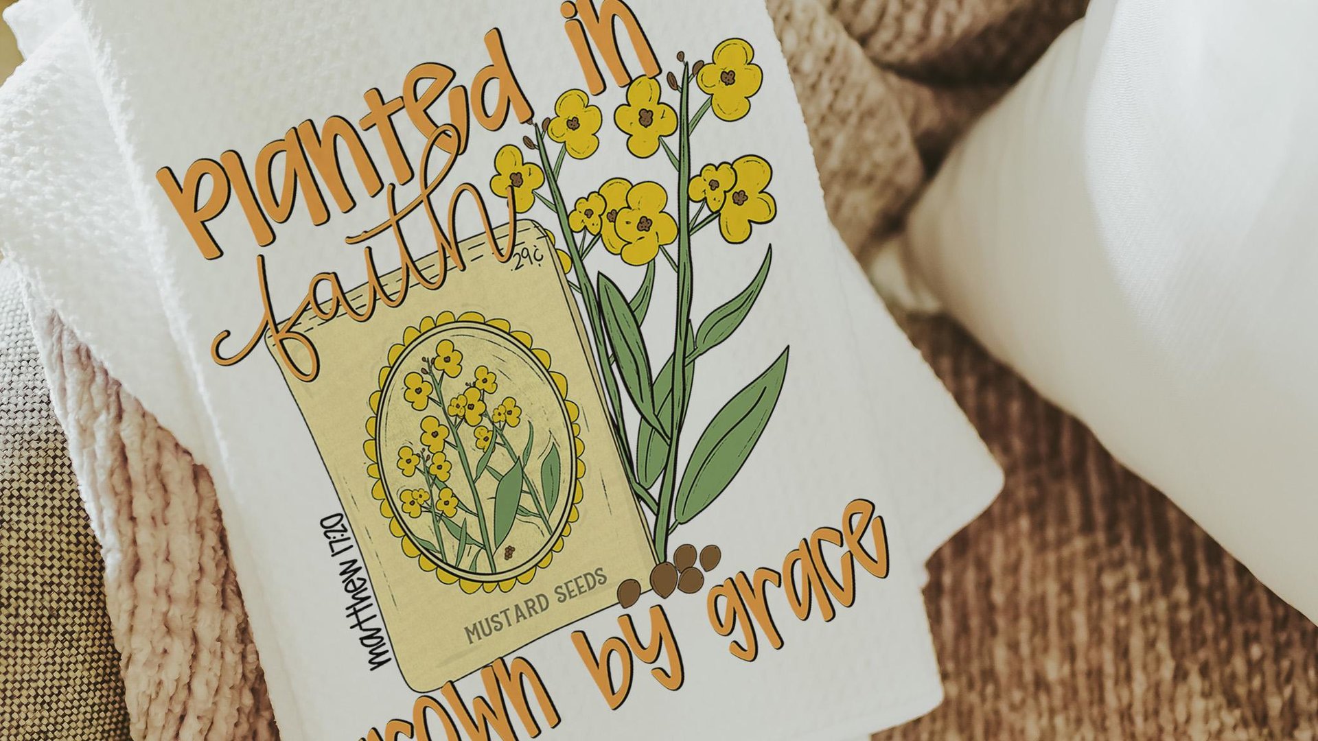 planted in faith grown in grace Christian kitchen towels, adult baptism gift for women, faith kitchen decor, Matthew 17:20 Bible verse gifts