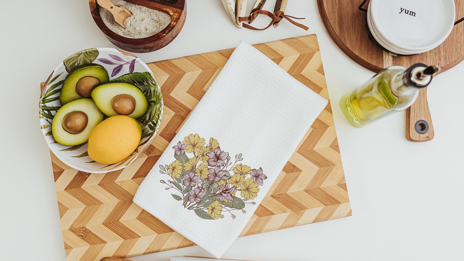 yellow primrose hand towels for cabin, February birth flower gift for friend birthday gifts for her, violet flower kitchen towels cottage