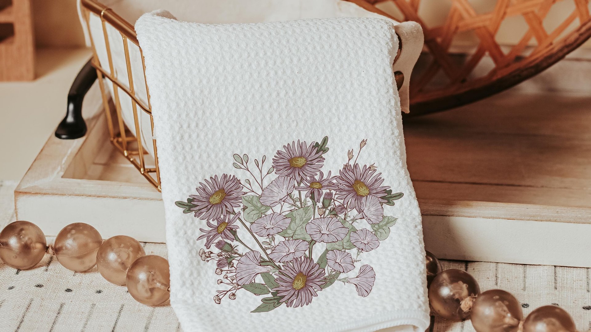 september birth flower morning glory flower kitchen towels, September birthday gift for her, purple aster muted floral bathroom hand towels