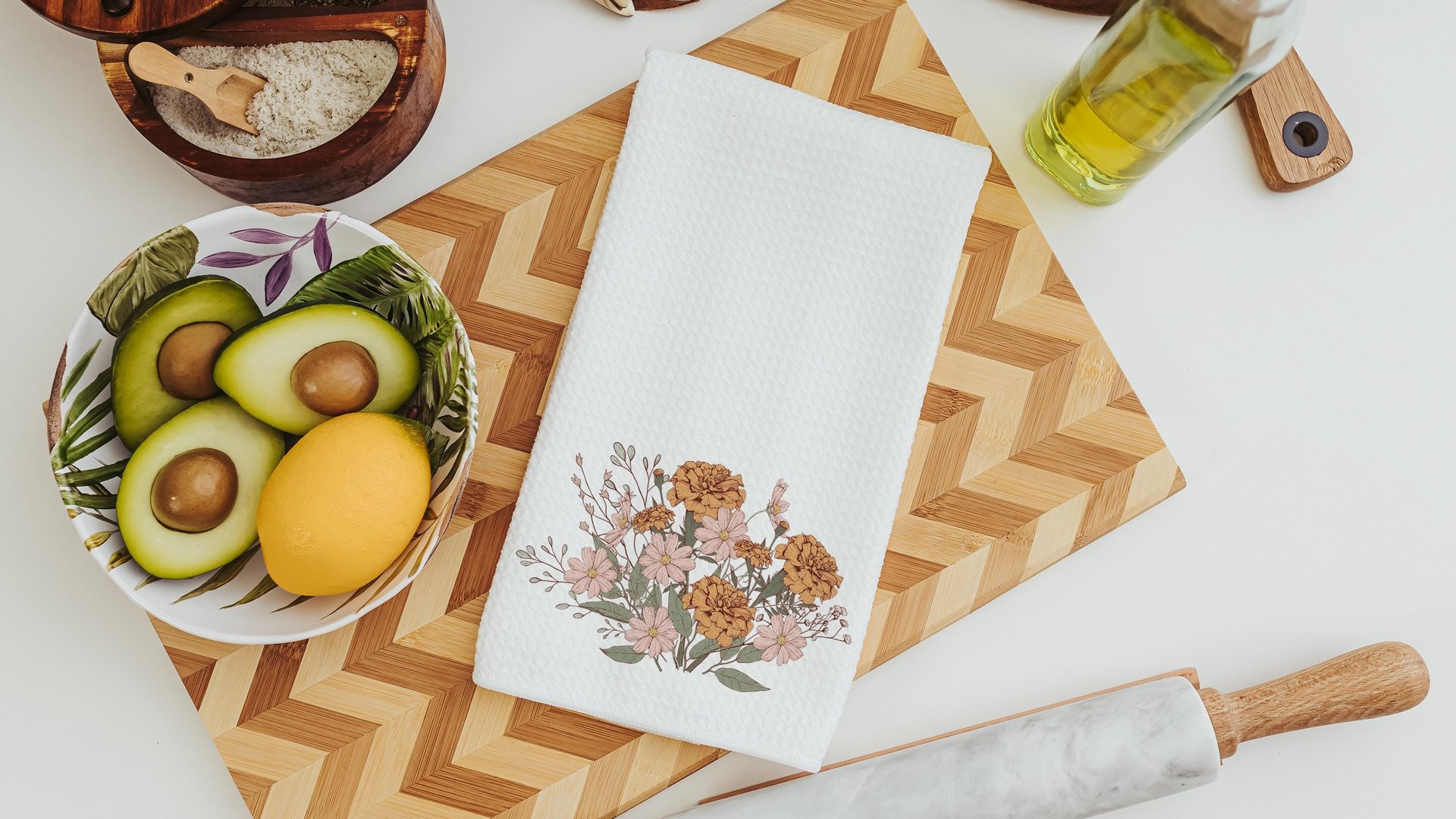 marigold flower kitchen towels, fall host gift, October birthday gifts for her, blush pink cosmos flower hand towels, fall style gift, guest