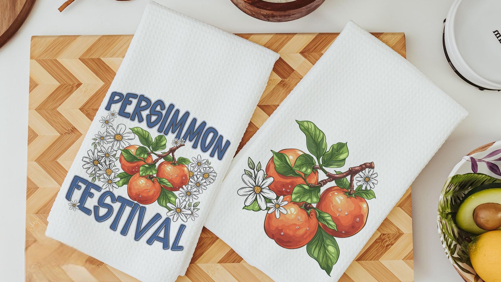 persimmon festival fruit kitchen towels for summer hand towels for bathroom, persimmon decor, Indiana gifts, persimmon botanical kitchen