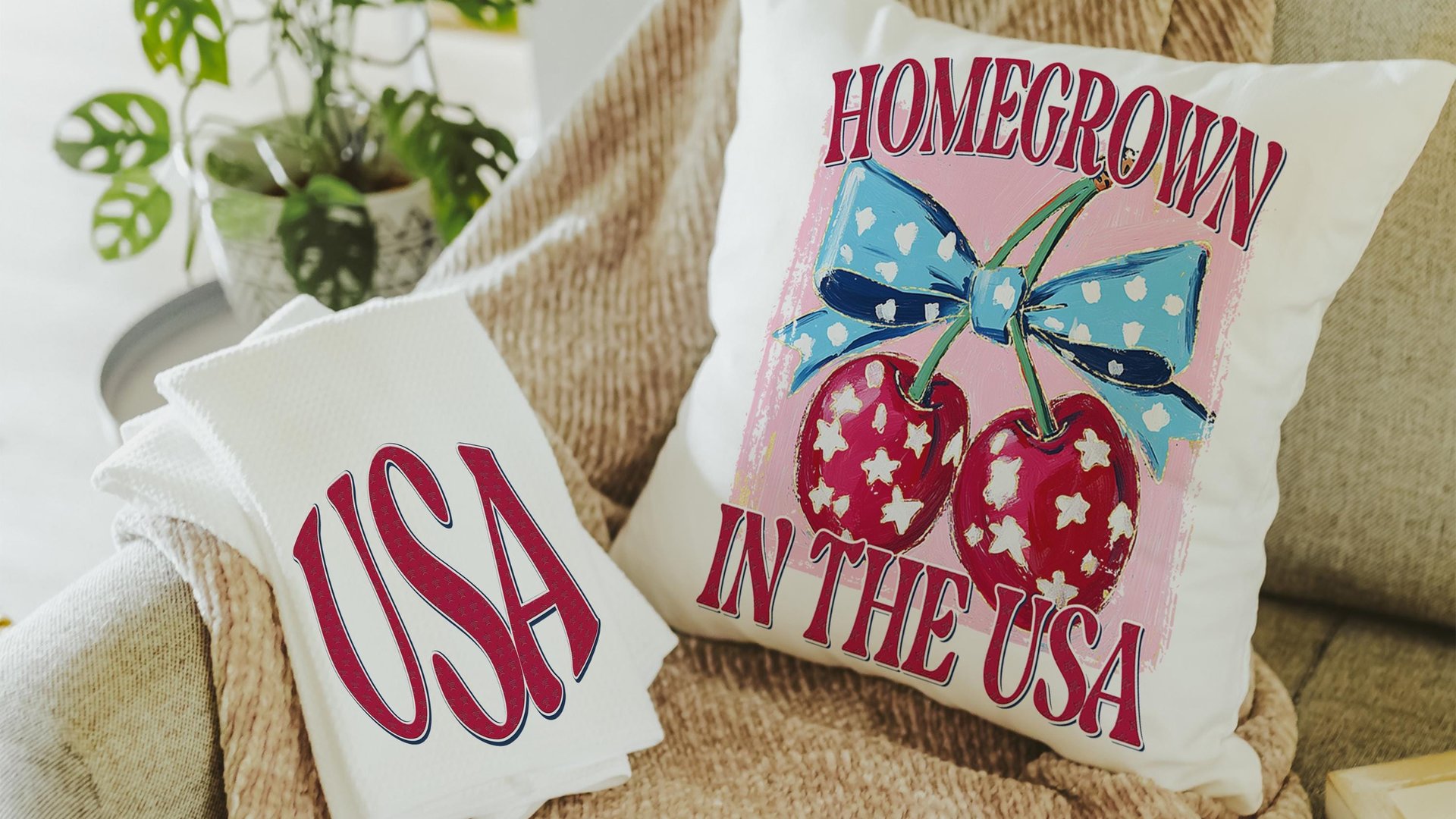 home grown cherry vibes throw pillows for porch swing, USA kitchen towel for Mom, 4th of July Americana pillow covers 18x18, patriotic gifts