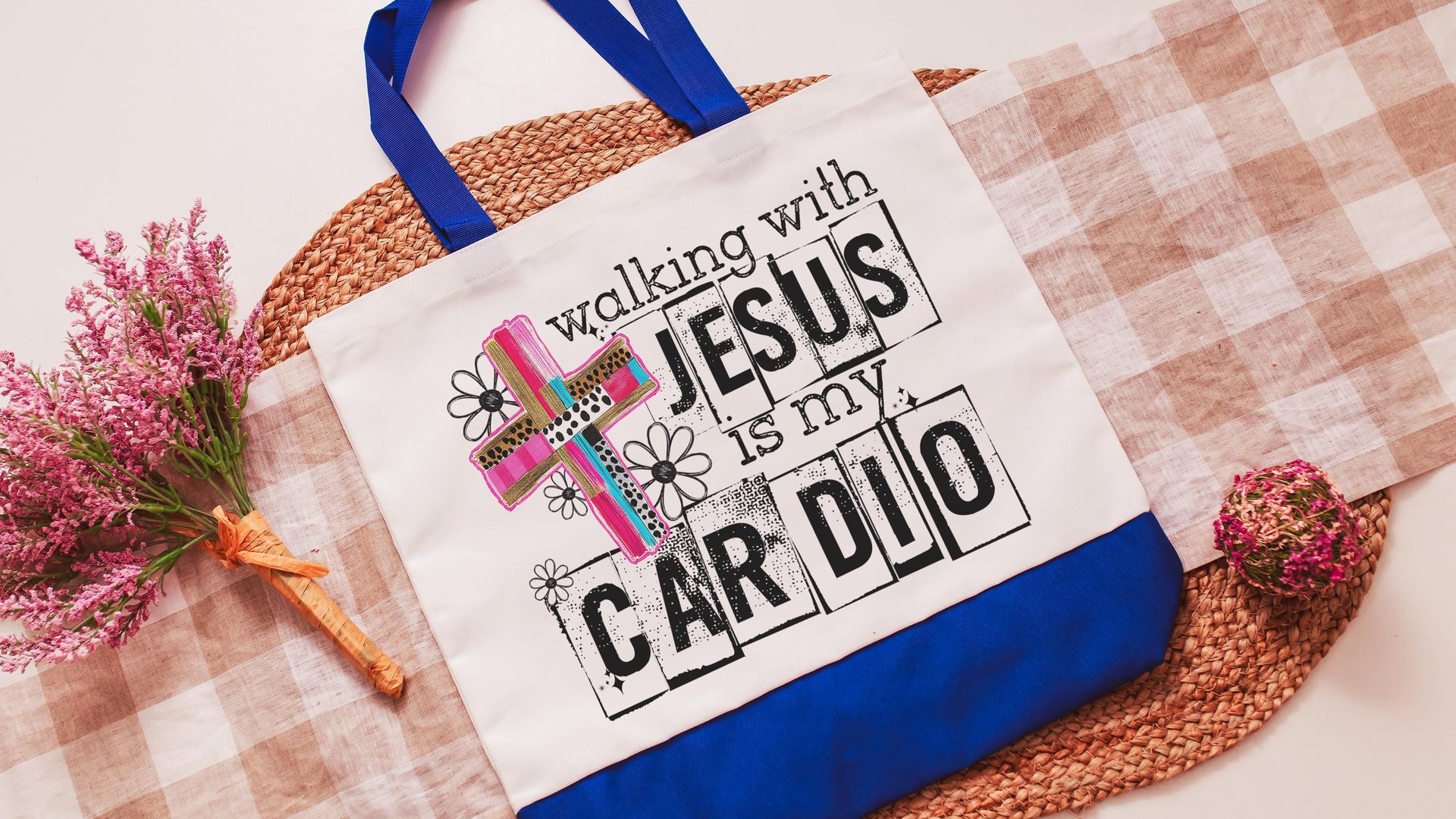 walking with Jesus Christian tote bags for women, religious Christmas gifts for godmother, walking with the Lord is my cardio faith based