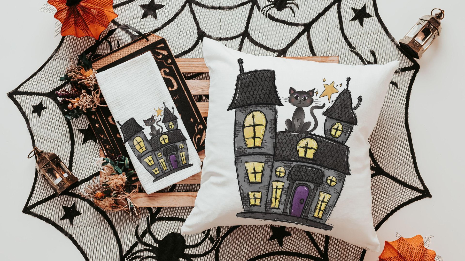 haunted house spooky cute Halloween kitchen towels, whimsigoth decor, whimsical Halloween gift set for women, black cat Halloween decor for