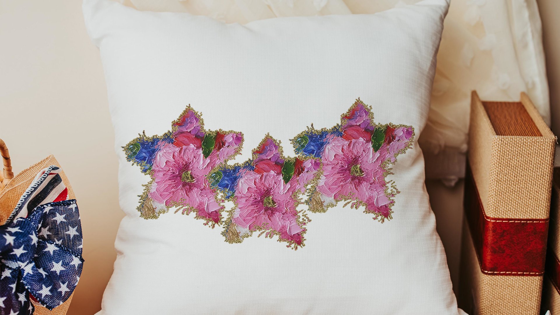 watercolor American flag throw pillow for porch swing, floral kitchen towels, 4th of July decor patriotic gifts for women, military wife