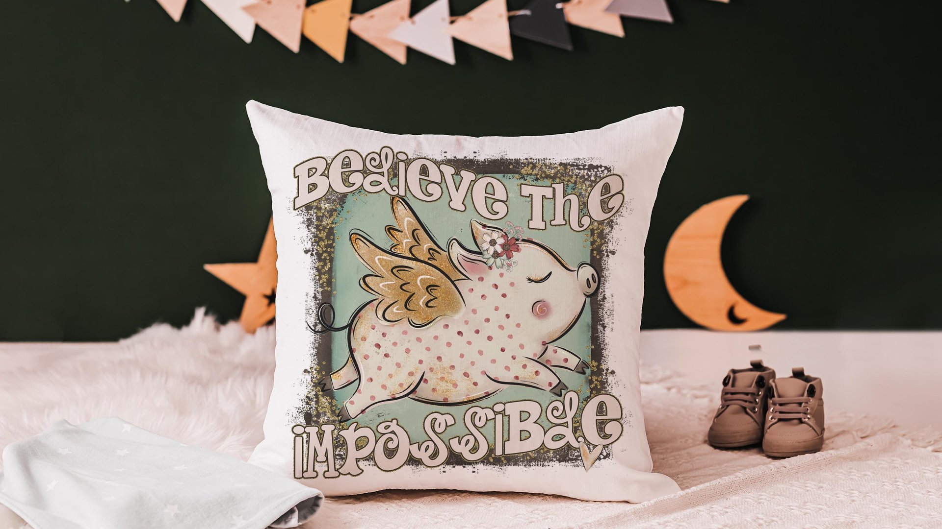 flying pig throw pillows for kids, believe the impossible inspirational gifts for girls, encouraging classroom decor, cute pig gifts for her