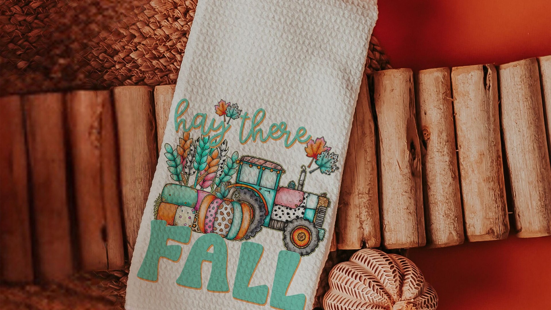 farm tractor hay there fall accent pillows for sofa, fall style gift, pink pumpkin kitchen towels, fall host gift, turquoise fall decor best