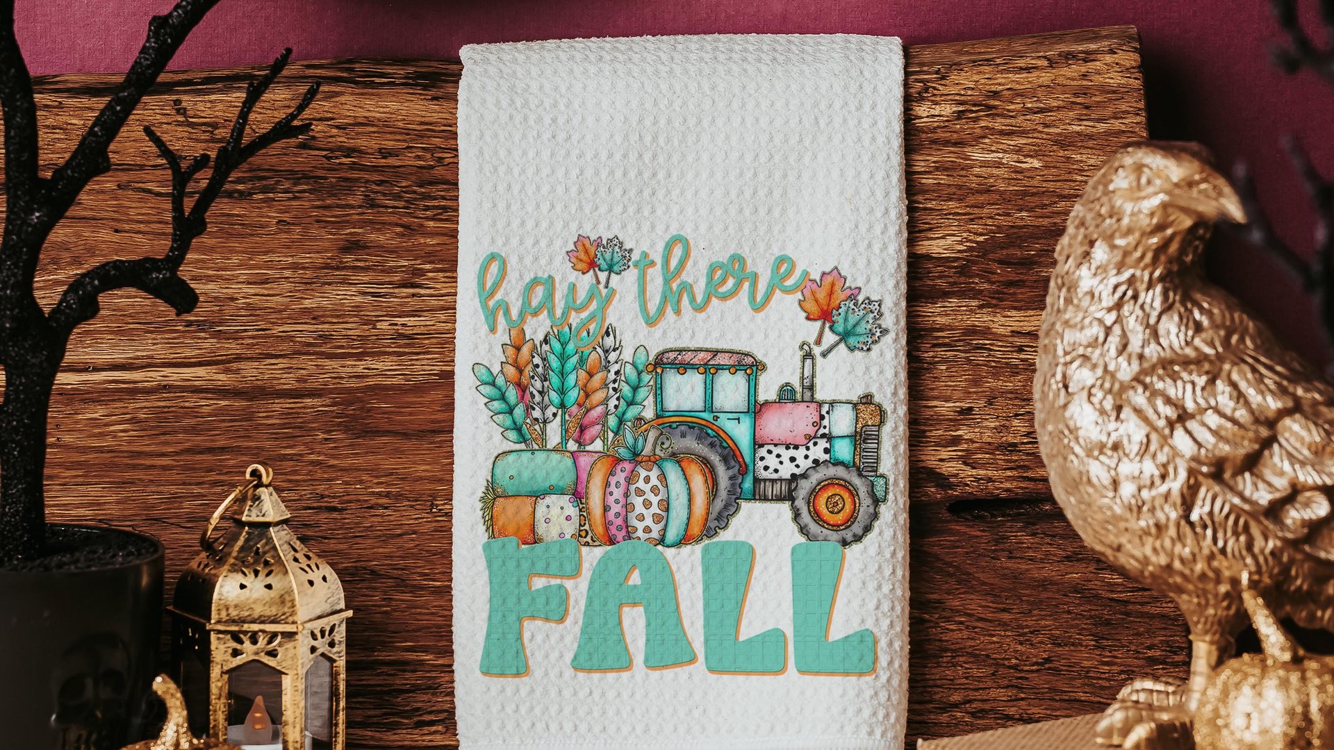farm tractor hay there fall accent pillows for sofa, fall style gift, pink pumpkin kitchen towels, fall host gift, turquoise fall decor best
