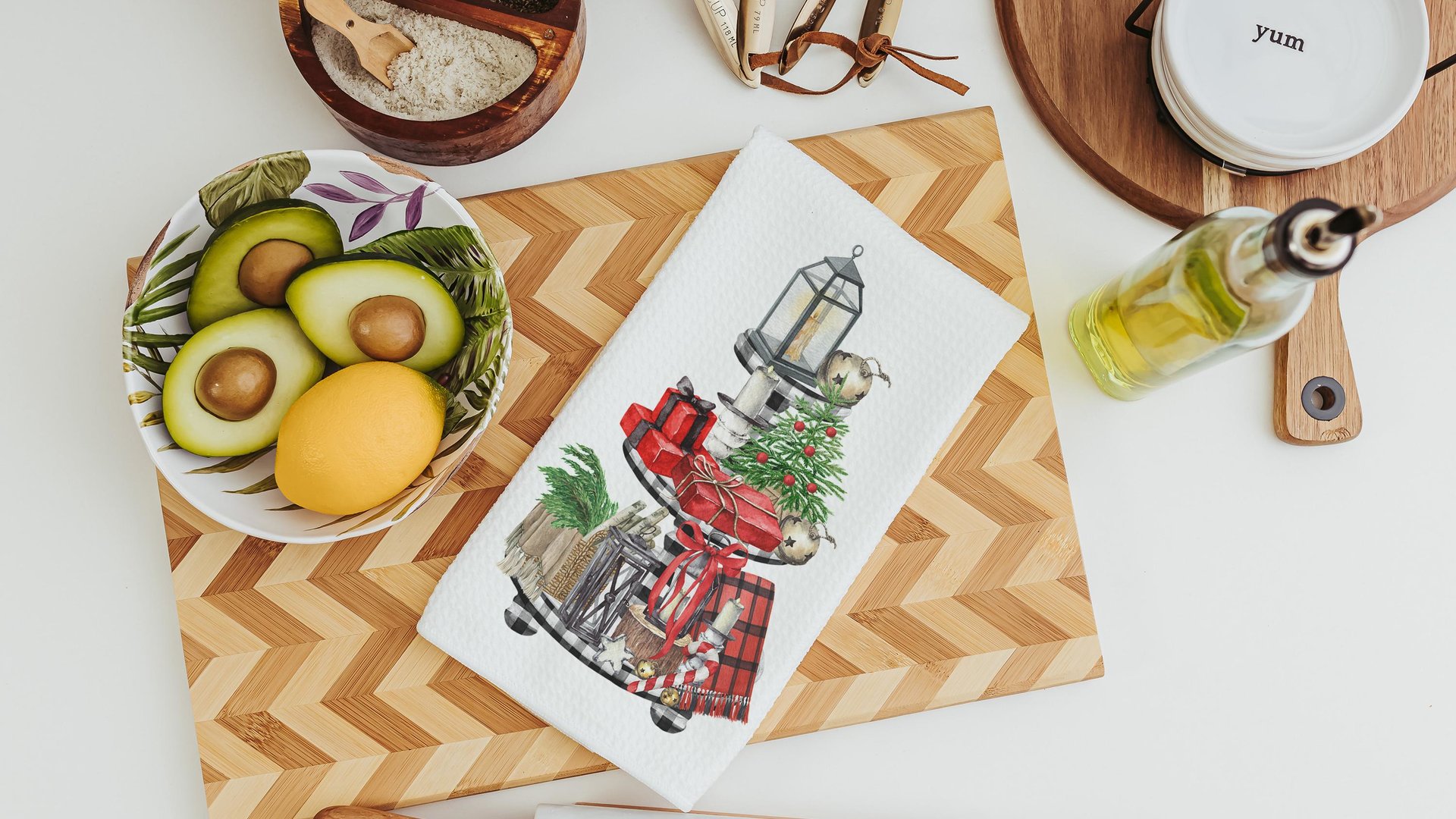 greenery Christmas kitchen towel for women, buffalo plaid Christmas hand towels for bathroom farmhouse Christmas gift for her, secret Santa