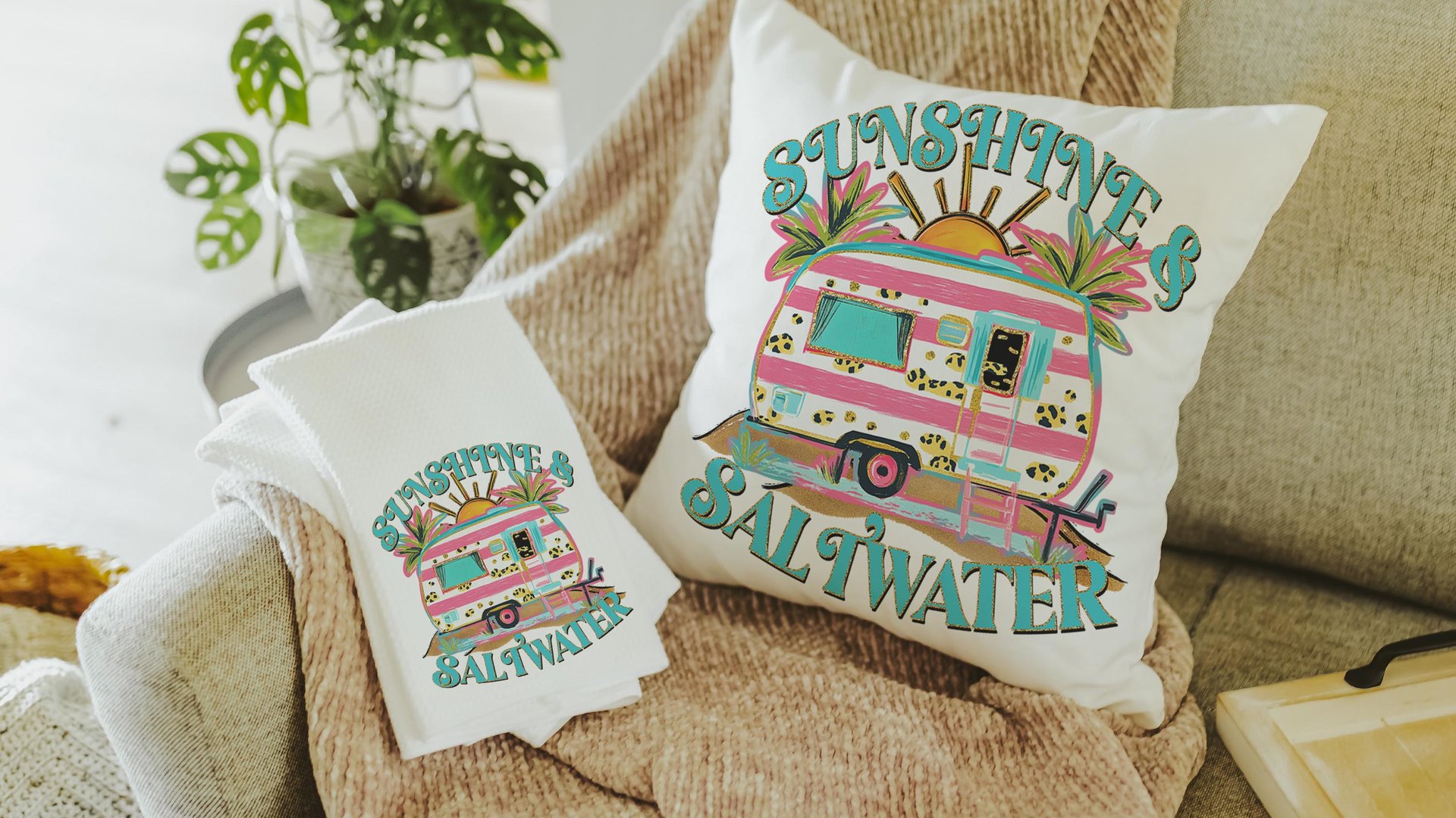 sunshine and saltwater summer throw pillow boho camper decor for RV life essentials gift, hippie kitchen towels for sister, beach house gift
