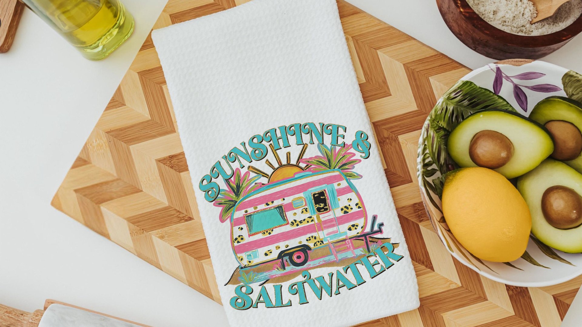 sunshine and saltwater summer throw pillow boho camper decor for RV life essentials gift, hippie kitchen towels for sister, beach house gift