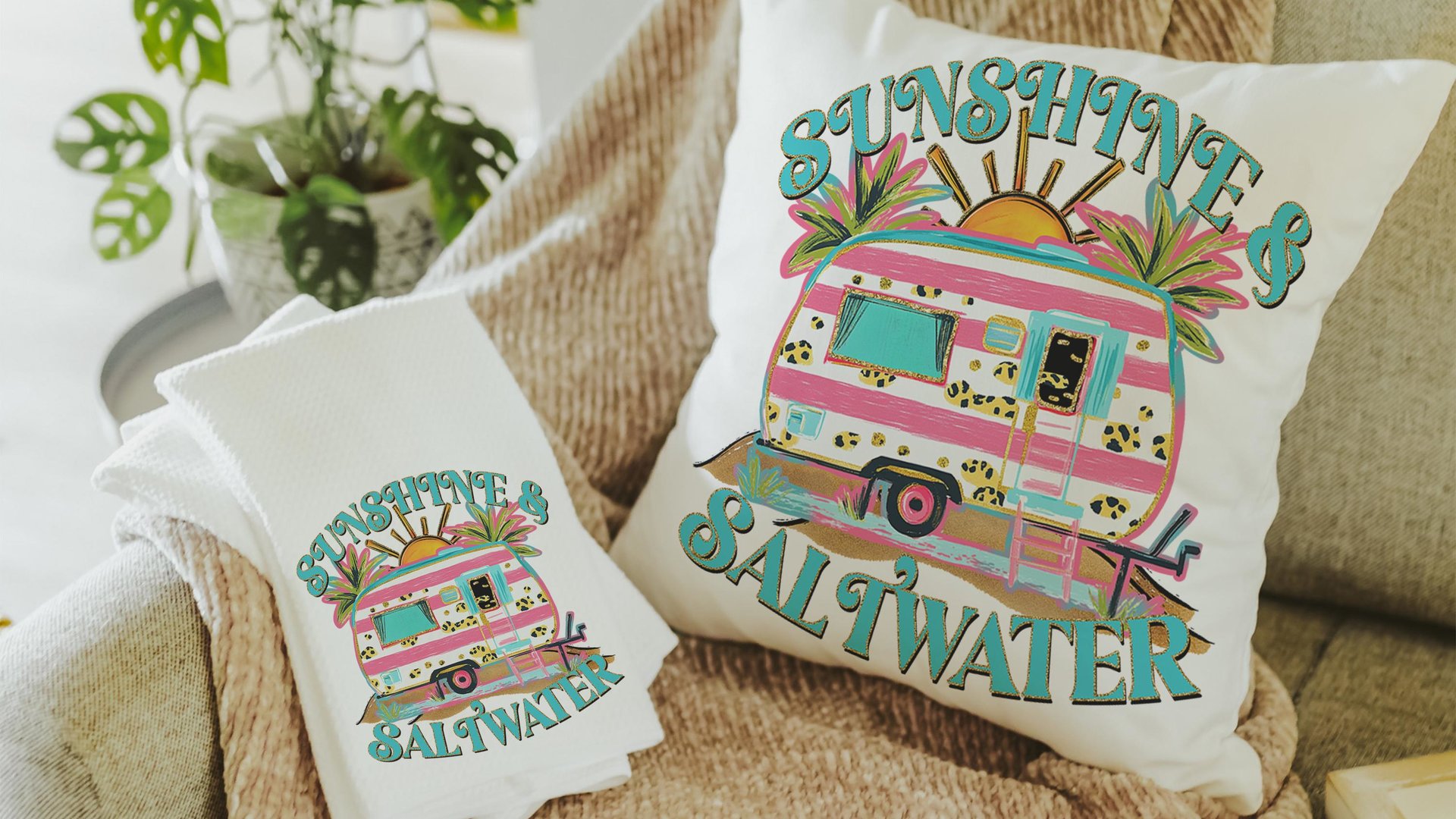 sunshine and saltwater summer throw pillow boho camper decor for RV life essentials gift, hippie kitchen towels for sister, beach house gift