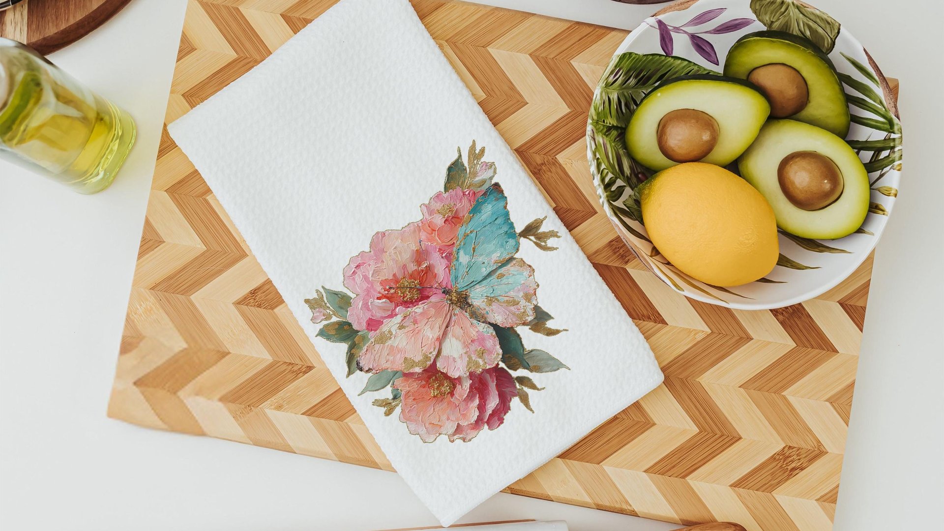 blush pink butterfly throw pillows for dorm, watercolor flower kitchen towels for sister, college apartment gift for best friend, muted teal