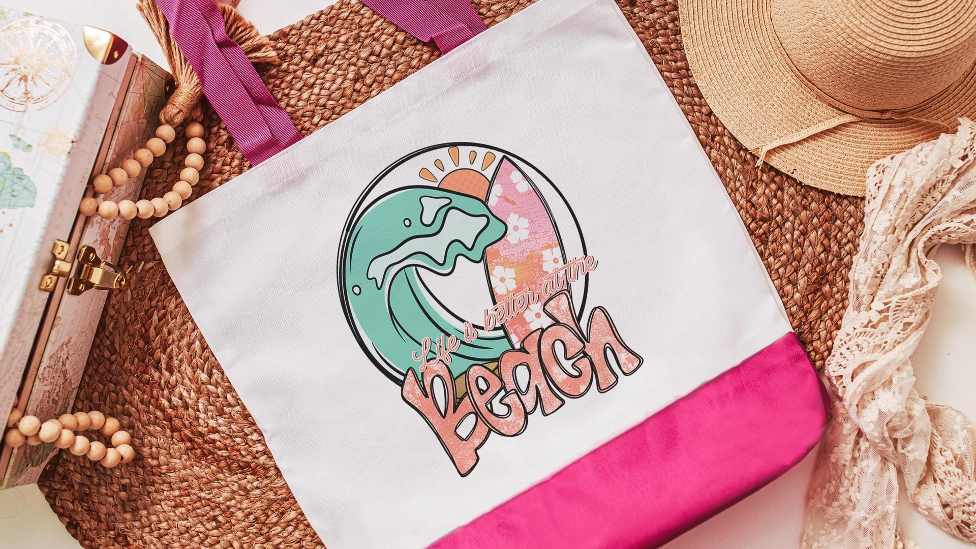 life is better at the beach summer tote bag for work, surfer girl gifts, cute beach bags for women, beach bachelorette party gifts for