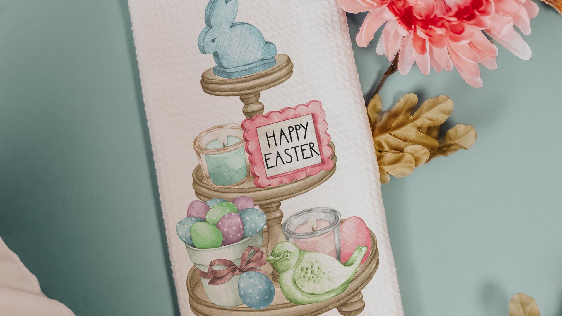 Happy Easter kitchen towels for gifts, Easter hostess gifts for women, pastel Easter kitchen hand towels for church, Easter eggs and bunnies