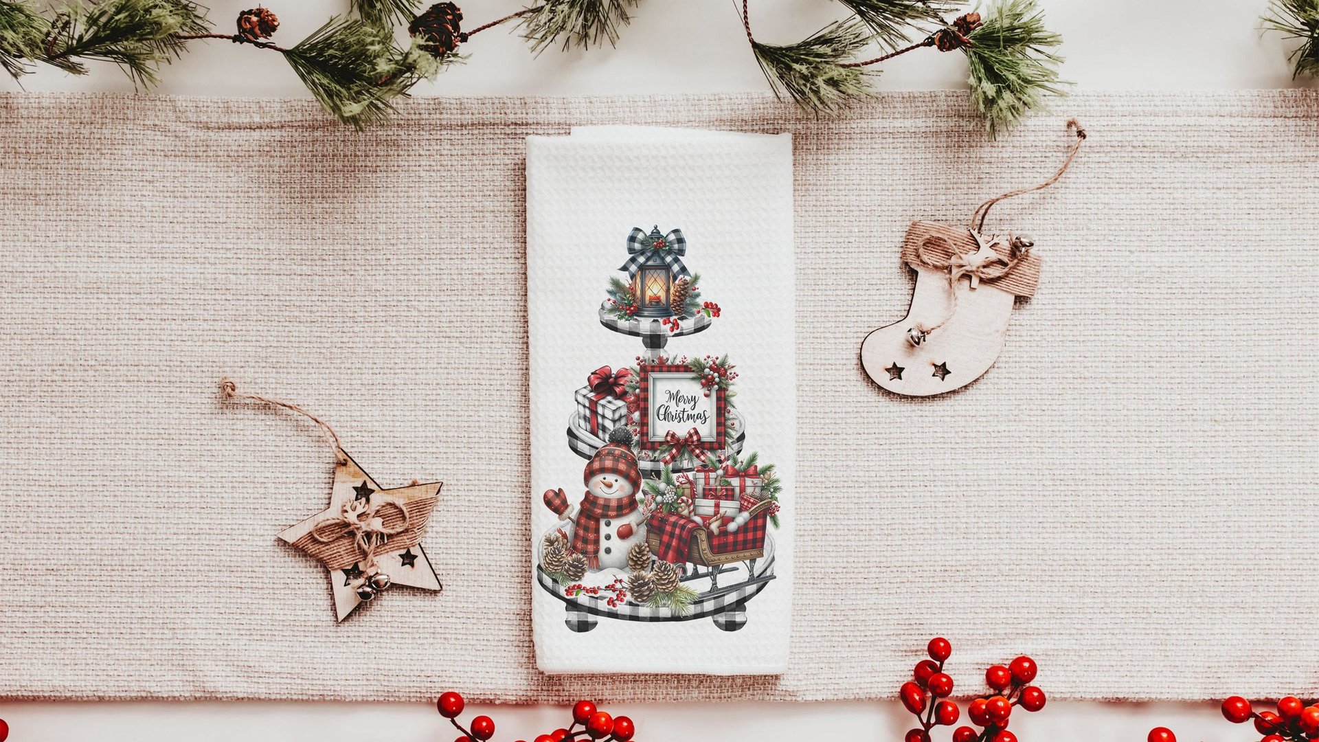 snowman Christmas kitchen towel for women, buffalo plaid Christmas kitchen decor, rustic Christmas gift for her, buffalo check Christmas