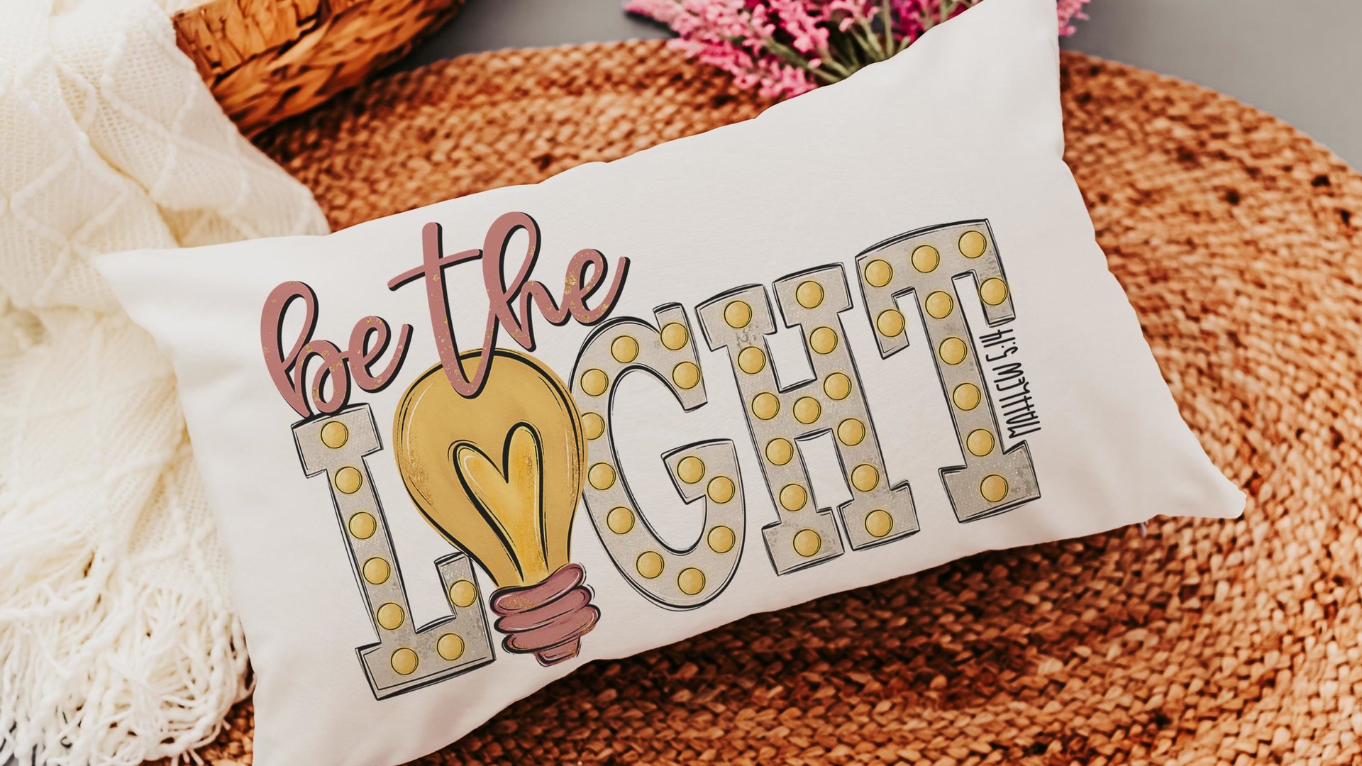 be the light inspirational Christian lumbar pillow covers 12 x 20, Matthew 5:14 Bible verse throw pillows for girls room, scripture gift for