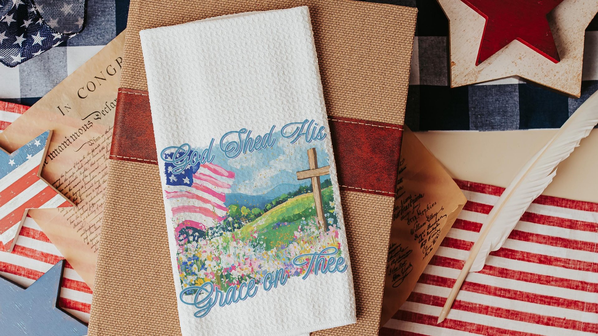 God shed His grace on thee throw pillows for porch swing, Christian 4th of July kitchen towels, America the Beautiful patriotic gifts for