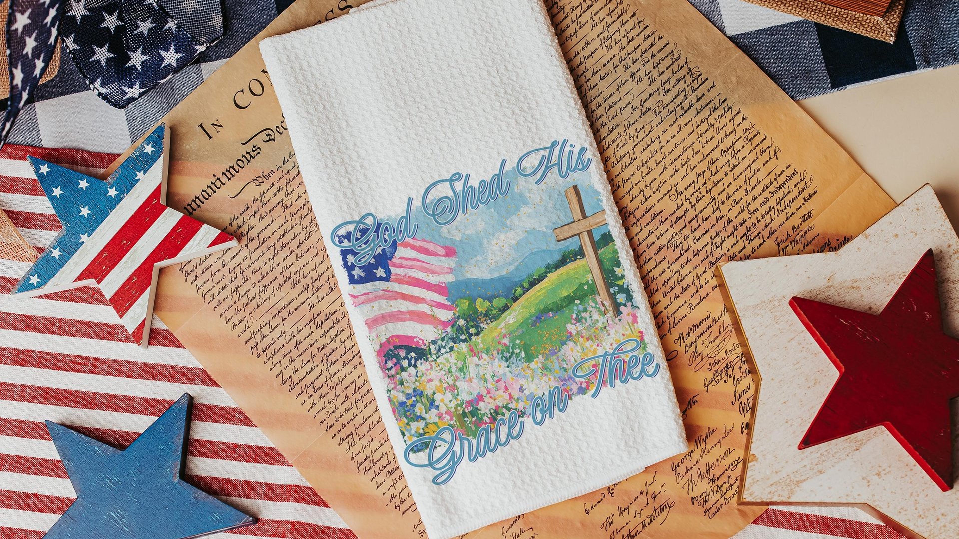 God shed His grace on thee throw pillows for porch swing, Christian 4th of July kitchen towels, America the Beautiful patriotic gifts for