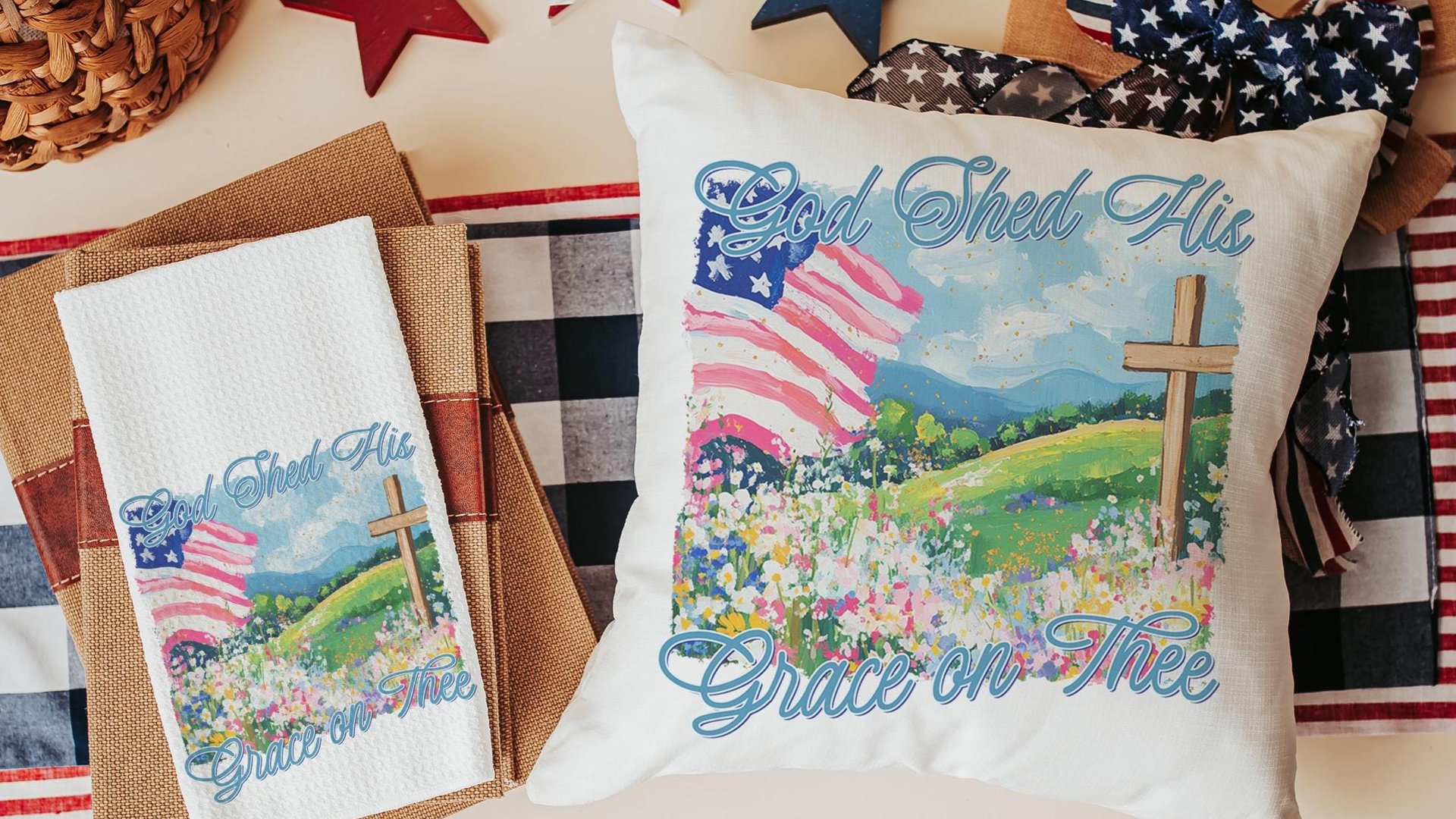 God shed His grace on thee throw pillows for porch swing, Christian 4th of July kitchen towels, America the Beautiful patriotic gifts for
