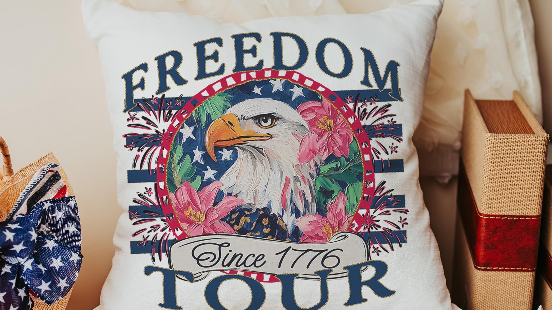 bald eagle freedom tour throw pillows for porch, Americana decor with pink floral 4th of July kitchen towels, patriotic gifts for women