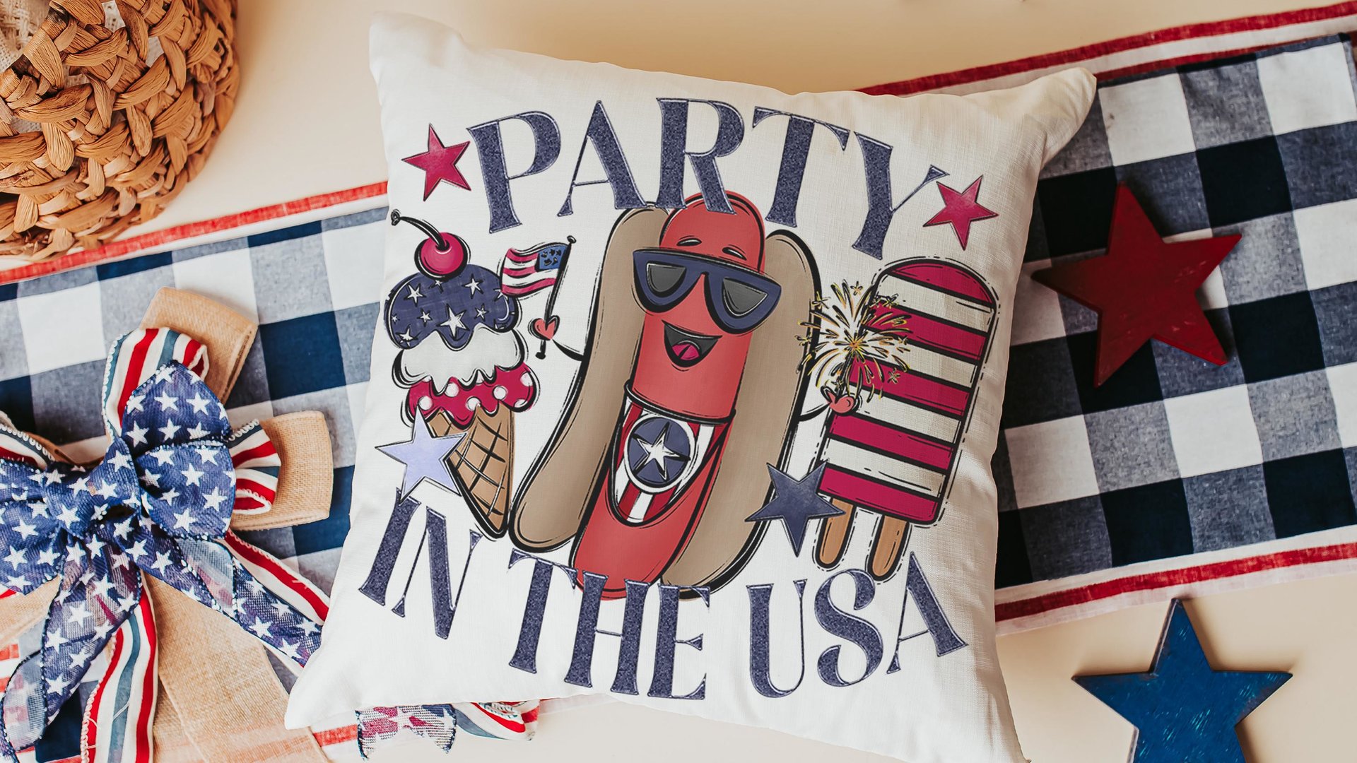 party in the USA 4th of July throw pillows for porch swing, American hot dog funny accent pillow covers 18x18, patriotic gifts for women