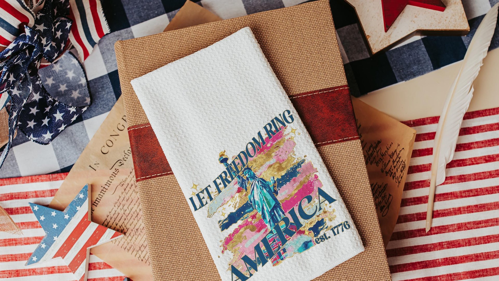 let freedom ring throw pillows for porch swing, Americana decor with pink 4th of July kitchen towels, military mom gifts, America est 1776