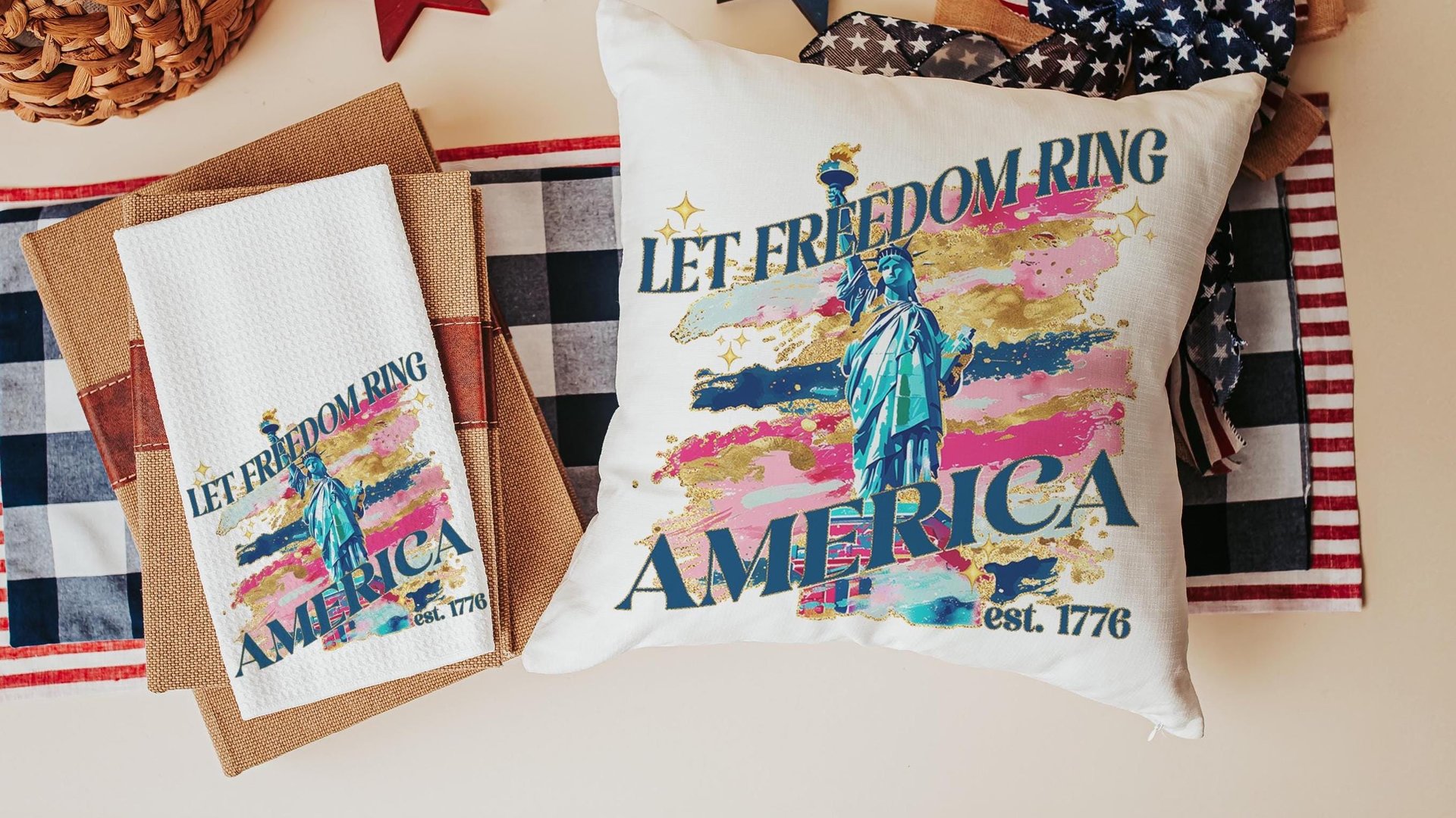 let freedom ring throw pillows for porch swing, Americana decor with pink 4th of July kitchen towels, military mom gifts, America est 1776