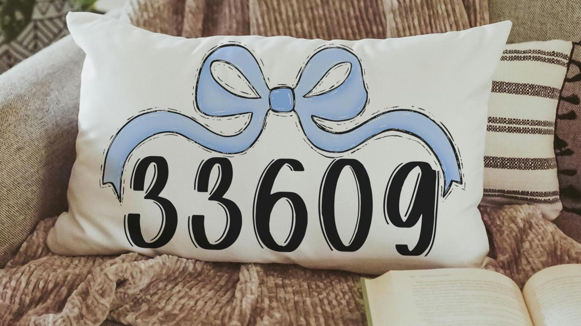 personalized Carolina blue school spirit coquette throw pillow for dorm, college gifts for her, custom zip code pillow, college apartment