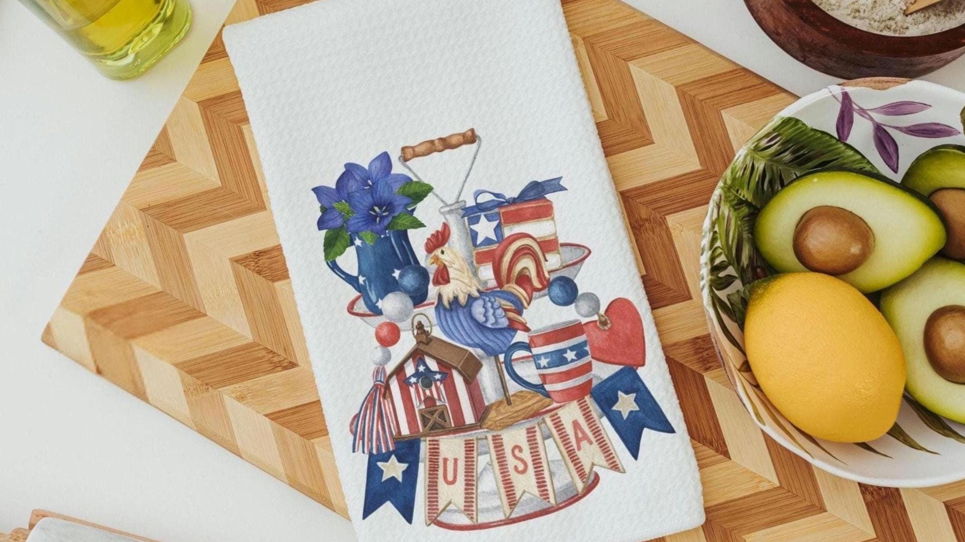 prim Americana kitchen towels, 4th of July kitchen decor, patriotic gifts for women, red white and blue primitive USA hand towel for kitchen