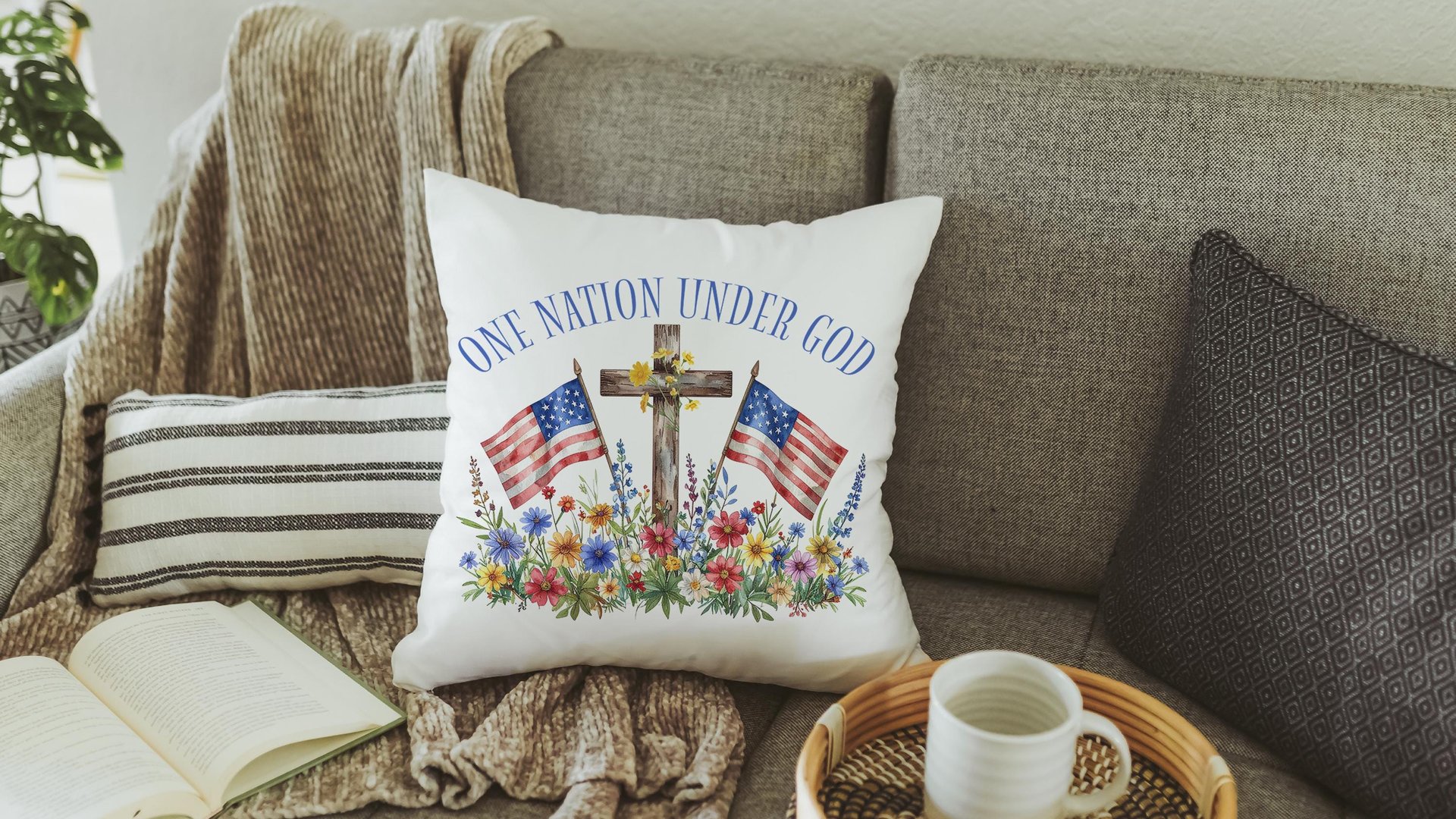 one nation under God American flag decorative pillows for couch, 4th of July wildflower throw pillow home decor, patriotic gifts for women