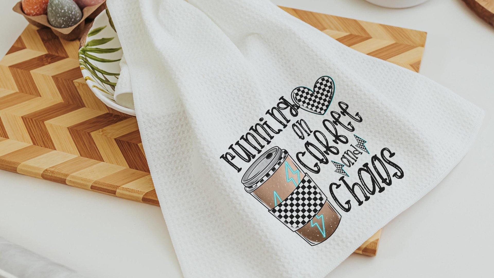 running on coffee and chaos funny kitchen towels for women, coffee lover gift for girlfriend, coffee bar accessories, coffee kitchen decor