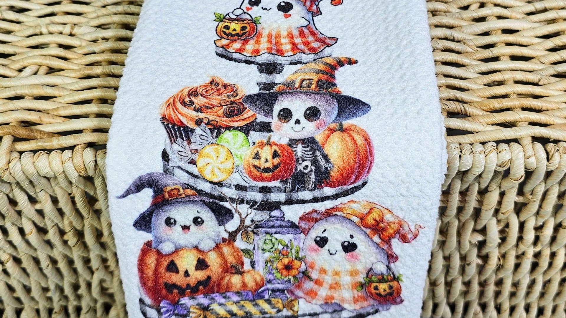 spooky cute ghost Halloween kitchen towels, whimsical fall host gift, boo basket stuffers for adults, not so scary Halloween fall style gift