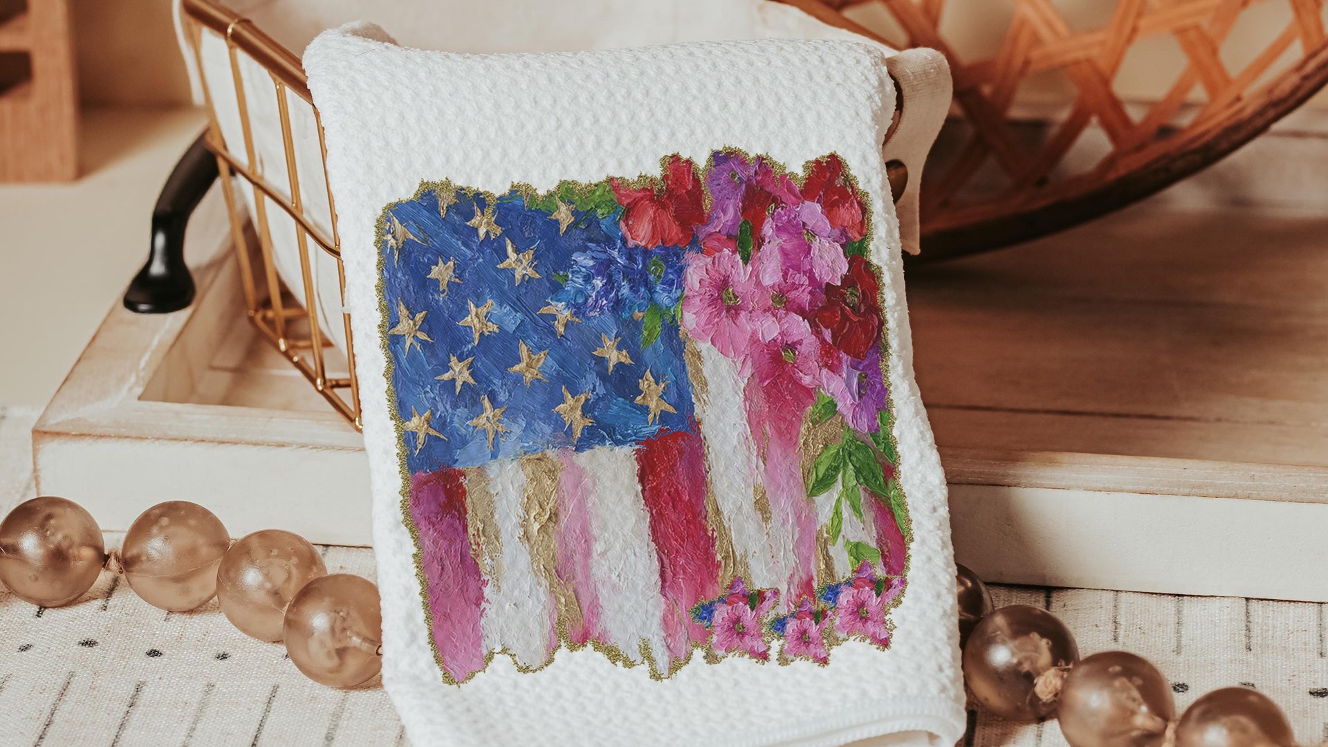 watercolor American flag throw pillow for porch swing, floral kitchen towels, 4th of July decor patriotic gifts for women, military wife