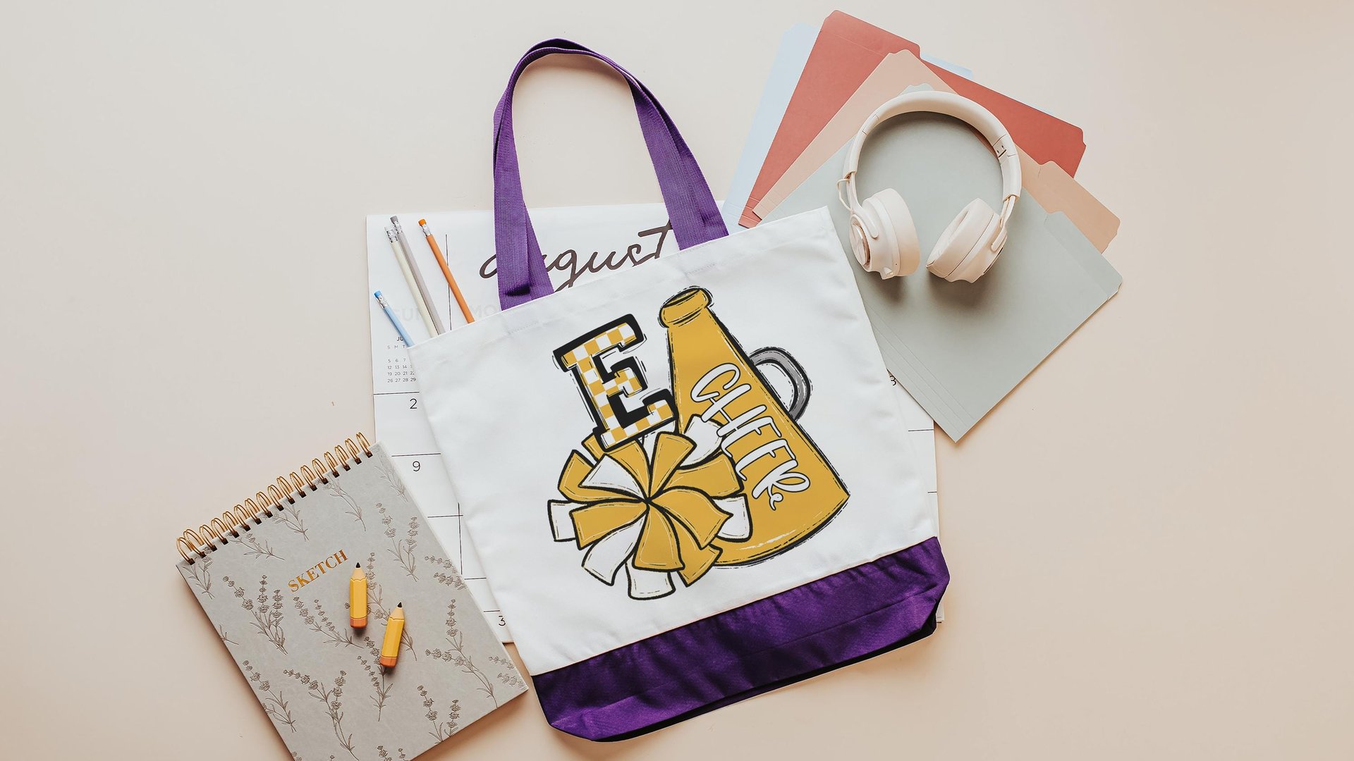 personalized red checkered initial tote bag for girls, cheer squad gifts, cheer travel bag for teens, cheerleader gift with school colors