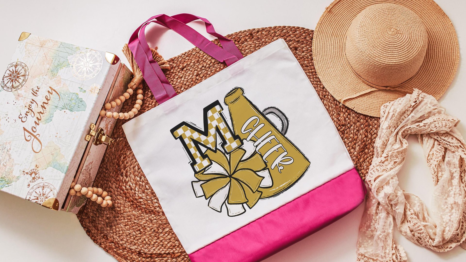 personalized red checkered initial tote bag for girls, cheer squad gifts, cheer travel bag for teens, cheerleader gift with school colors