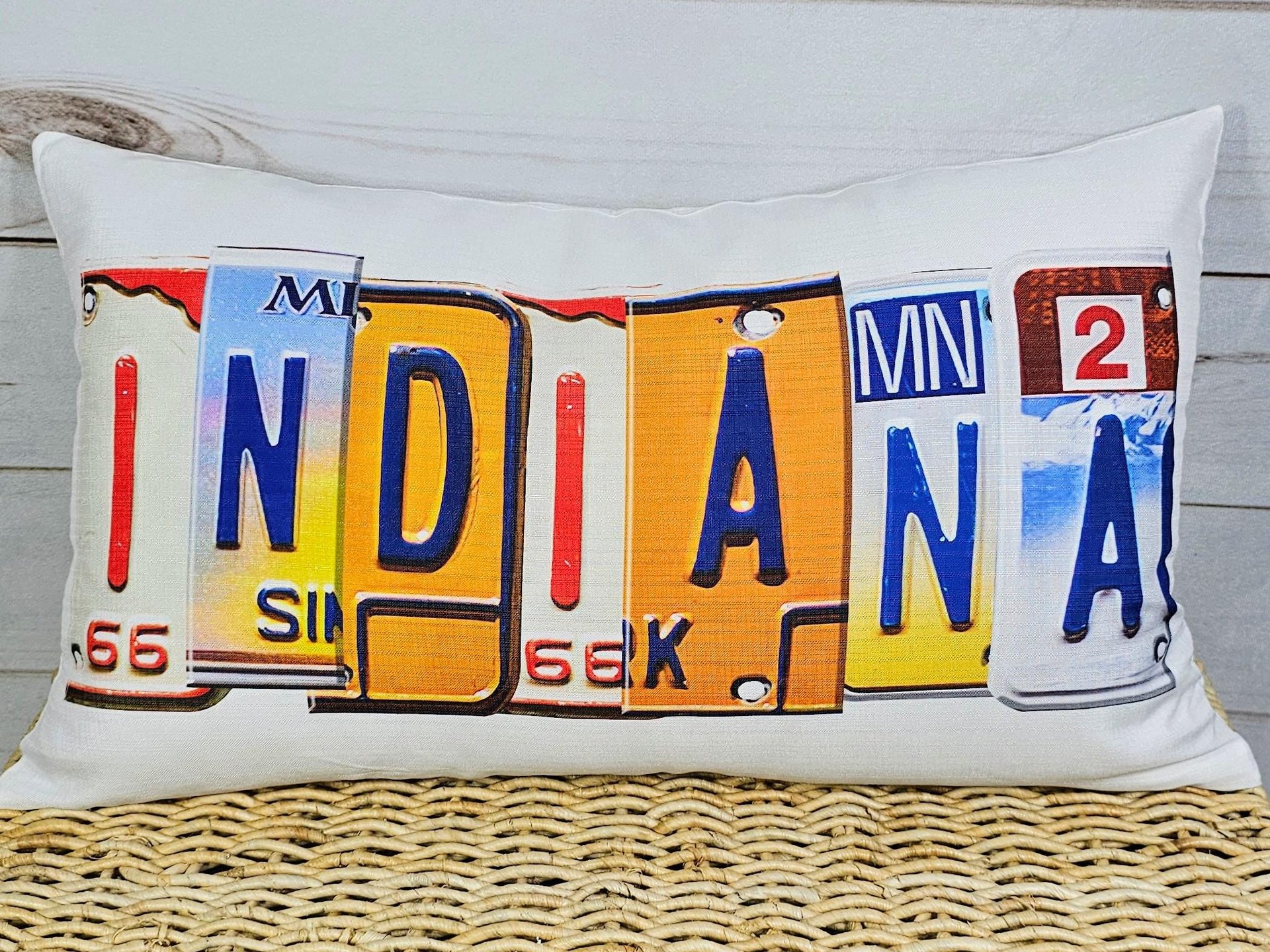 custom license plate state throw pillows for couch, realtor closing gift for buyers, Indiana gifts, bungalow decor, moving away gift for