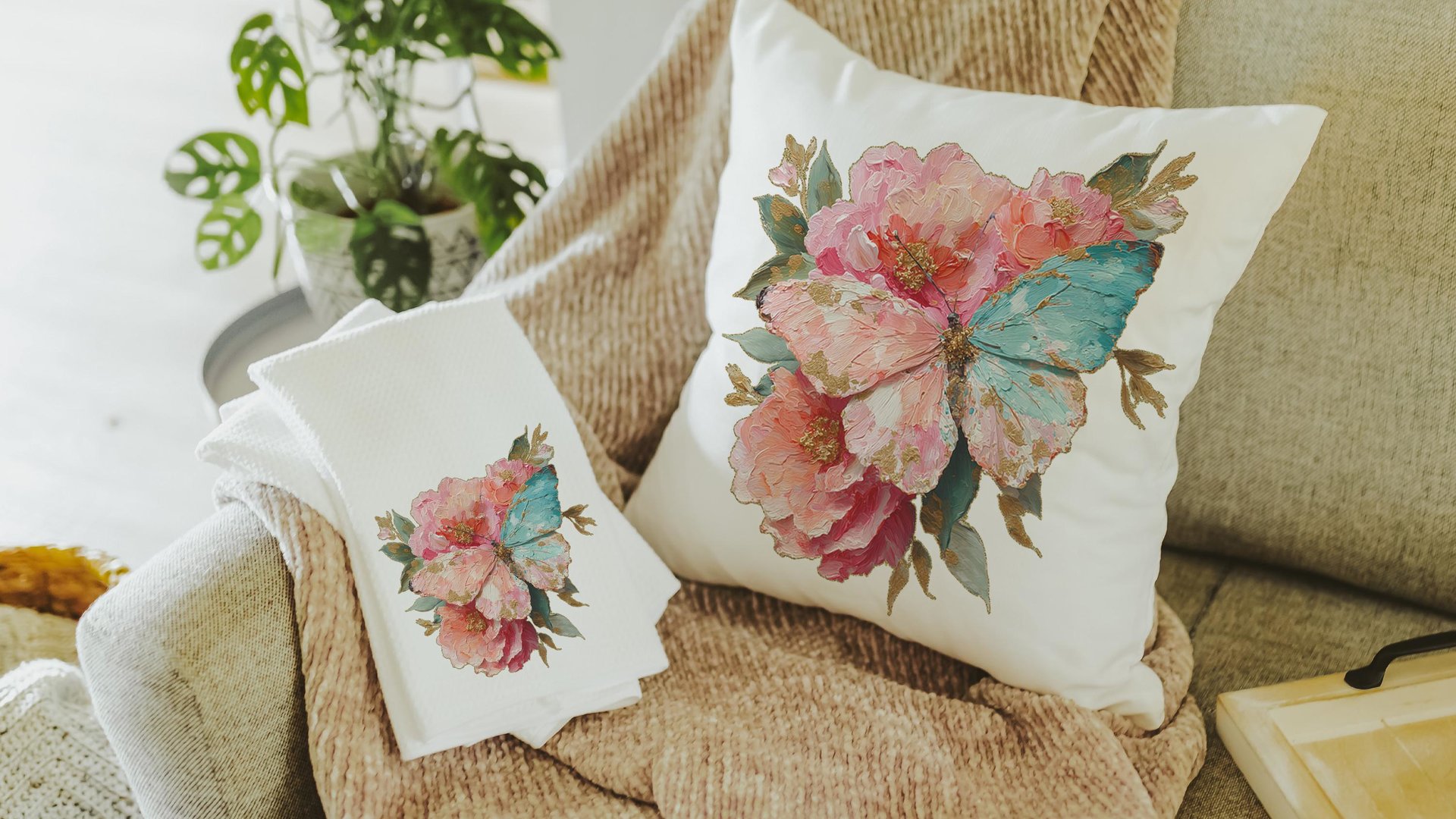 blush pink butterfly throw pillows for dorm, watercolor flower kitchen towels for sister, college apartment gift for best friend, muted teal