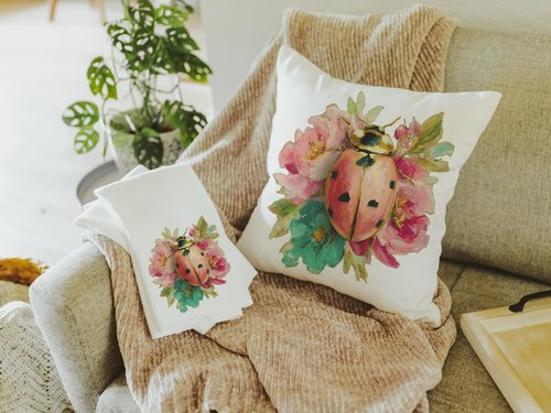 Watercolor Ladybug Throw Pillow