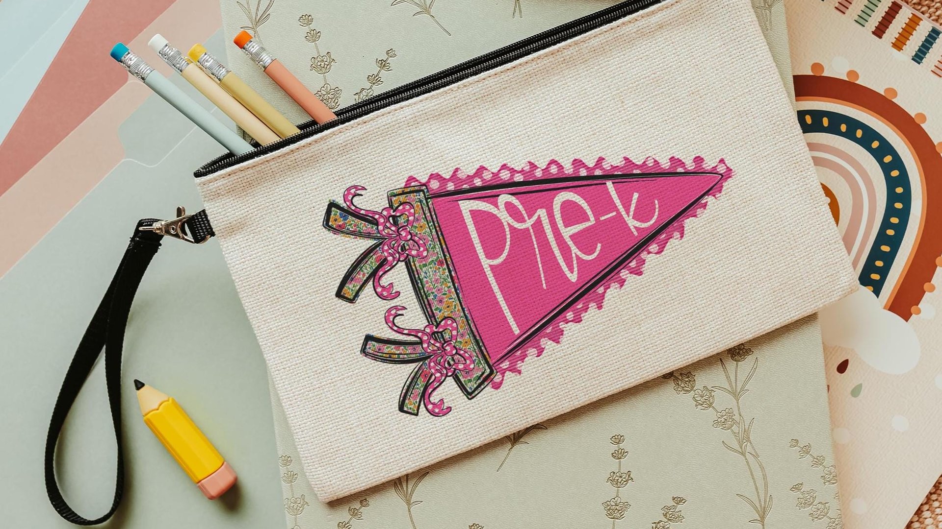Kindergarten pink pennant coquette pencil pouch with zipper